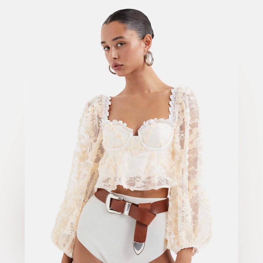 For Love & Lemons Ysabelle Crop Blouse - Cream/Ivory - Size Small